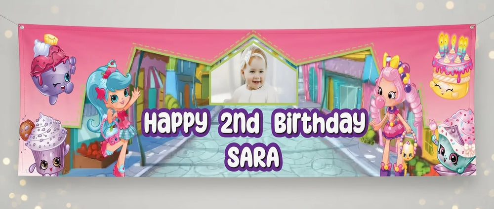 Personalised Shopkins Birthday Banner displayed against a plain studio background