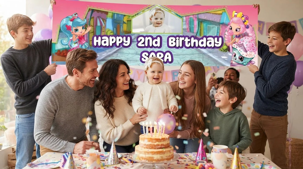 Friends and family celebrating with the personalised Shopkins Birthday Banner