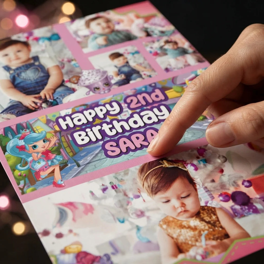 Close-up of the personalised name and photo printed on the Shopkins Mega Card