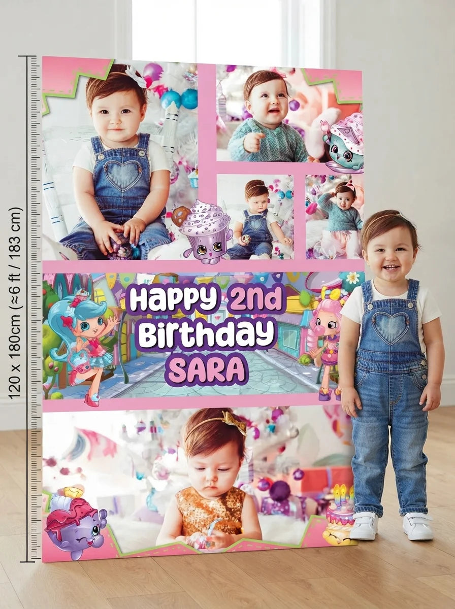 Person standing beside the Shopkins Mega Card for scale in a size guide