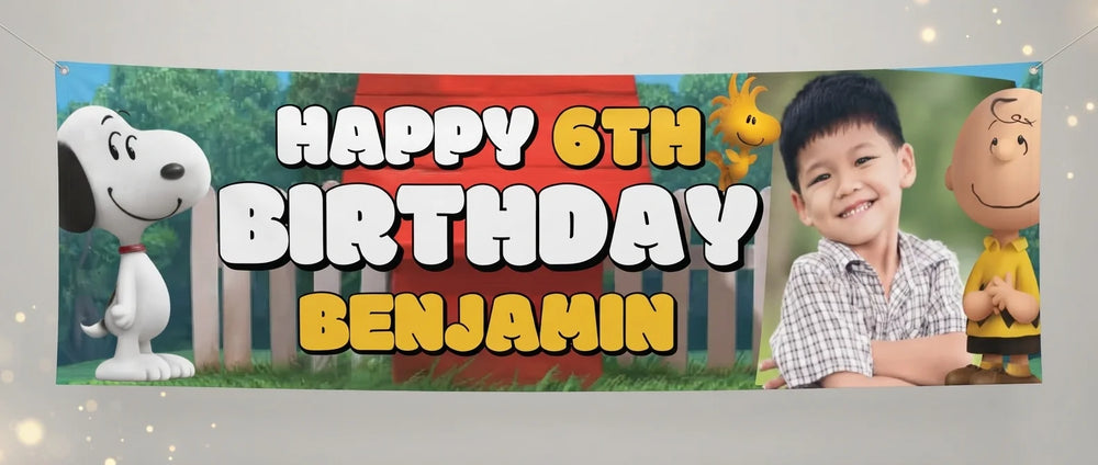 Personalised Snoopy Birthday Banner displayed against a plain studio background