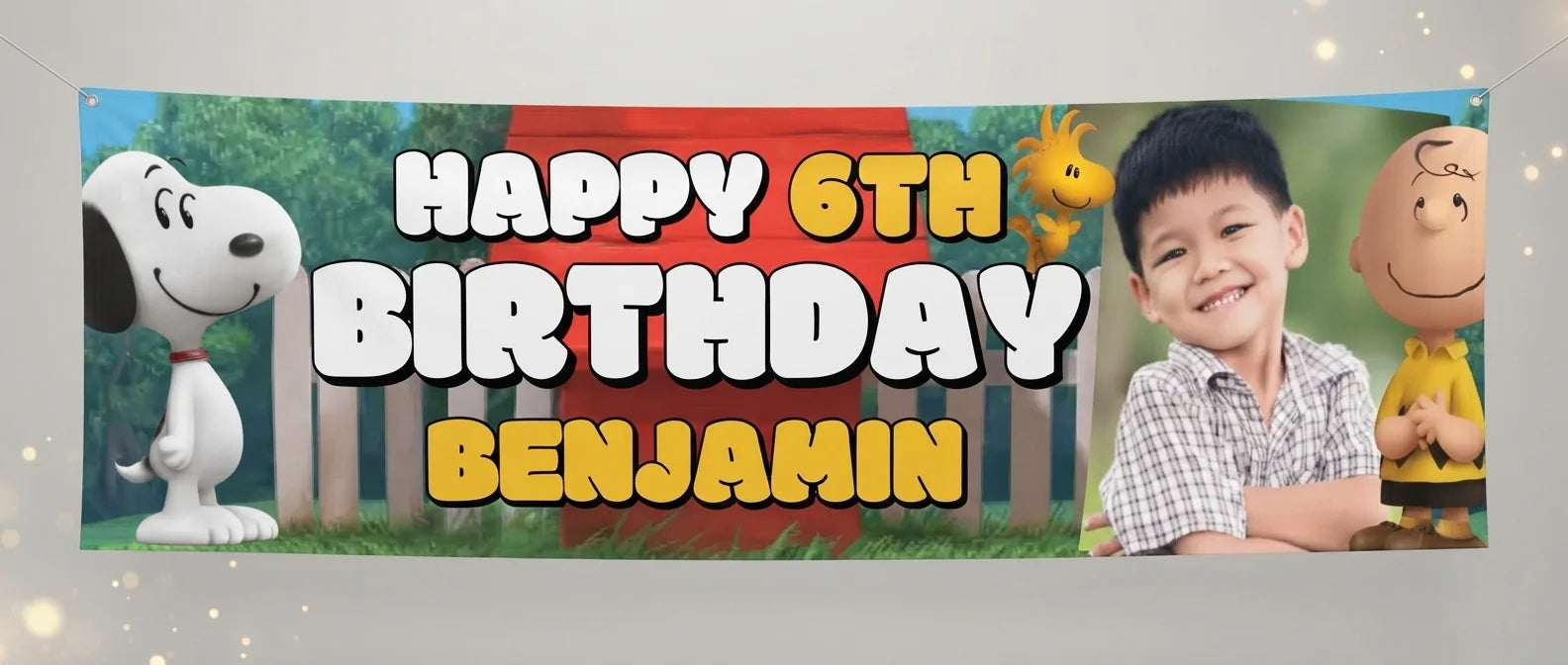 Personalised Snoopy Birthday Banner displayed against a plain studio background