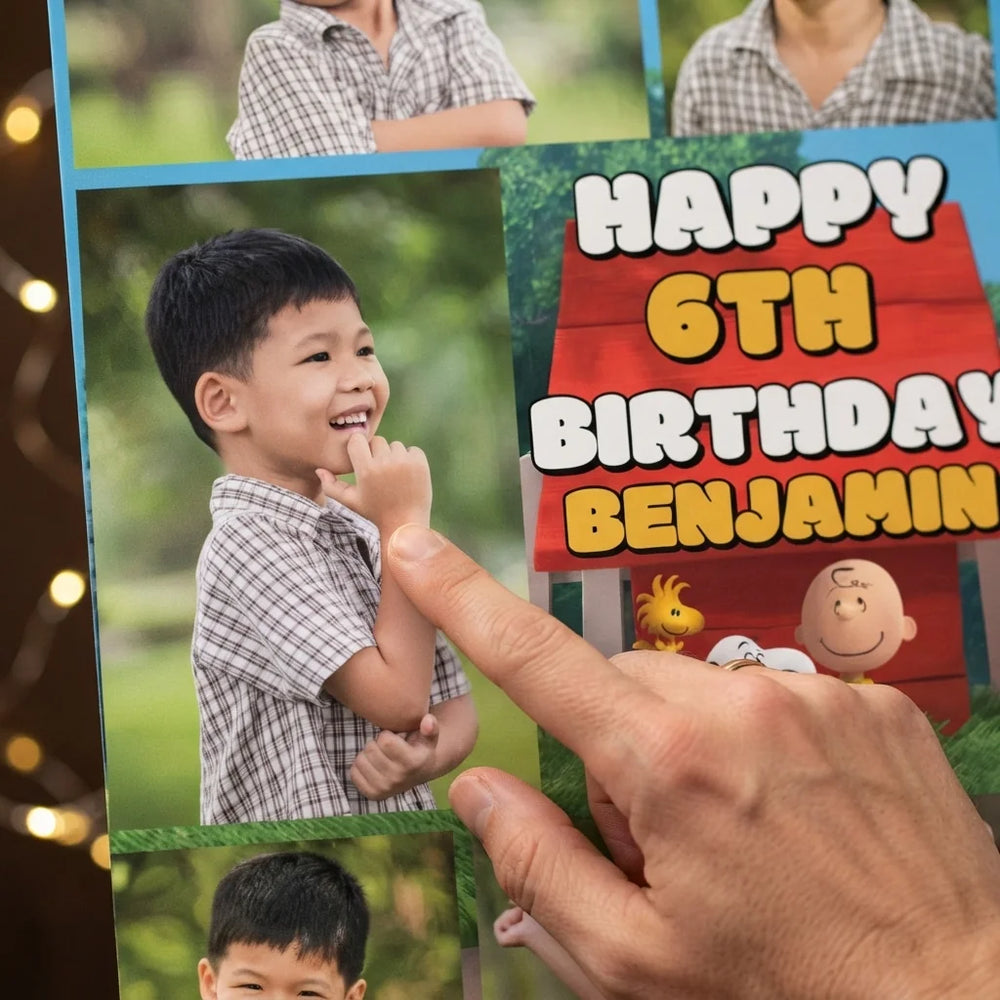 Close-up of the personalised name and photo printed on the Snoopy Mega Card