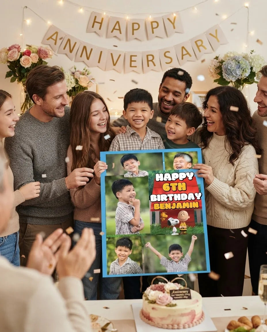 Friends and family celebrating with the personalised Snoopy Mega Card