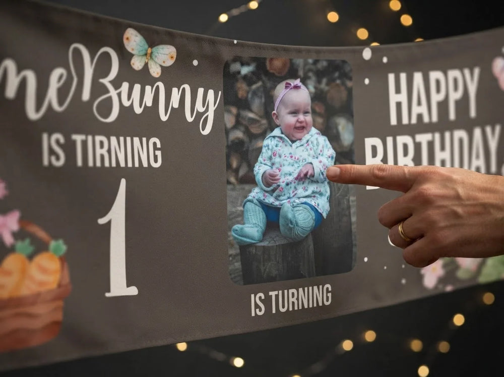 Close-up of the personalised name and photo printed on the Some Bunny is Turning 1 Birthday Party Banner