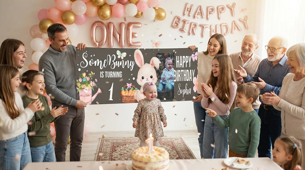 Friends and family celebrating with the personalised Some Bunny is Turning 1 Birthday Party Banner