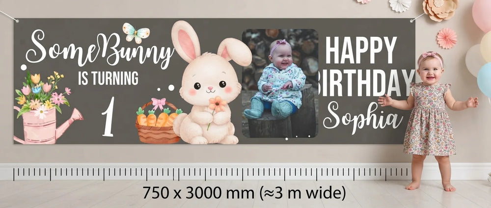 Person standing beside the Some Bunny is Turning 1 Birthday Party Banner for scale, with size guide showing 750 x 3000 mm