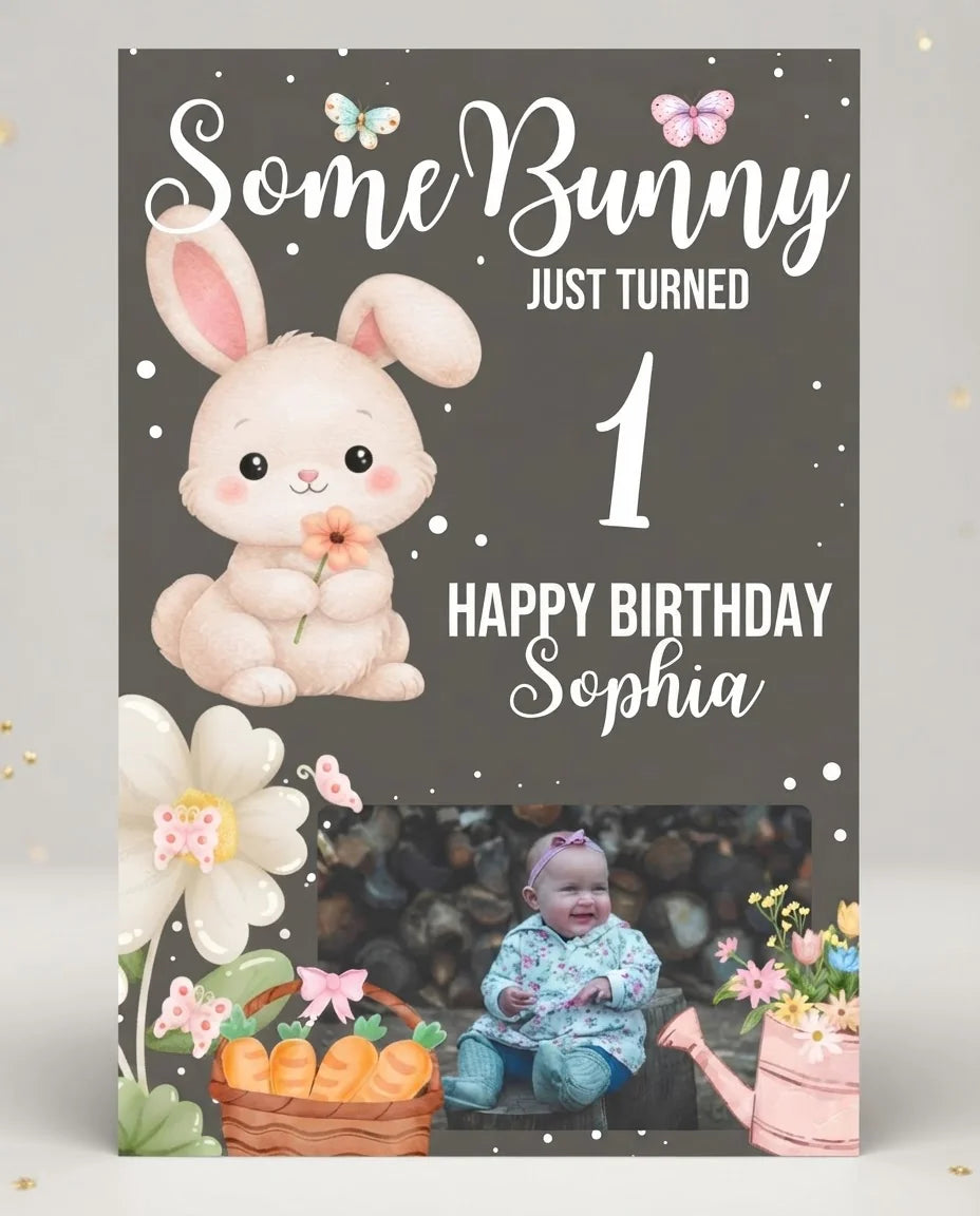Personalised Some Bunny Just Turned 1 Birthday Party Mega Card displayed against a plain studio background