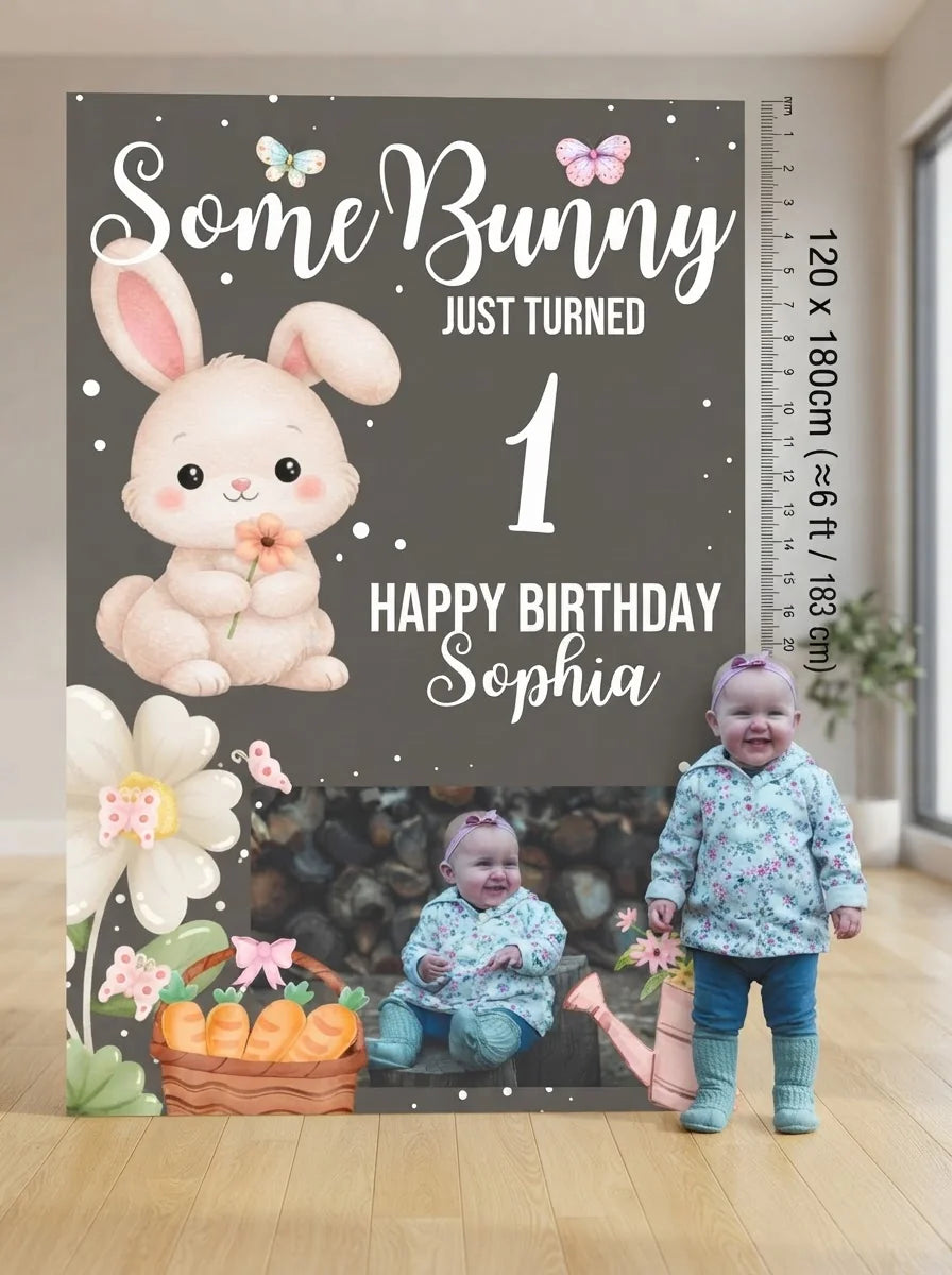 Person standing beside the Some Bunny Just Turned 1 Birthday Party Mega Card for scale in a size guide