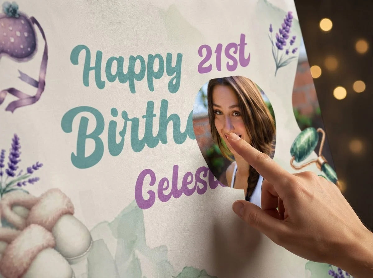 Close-up of the personalised name and photo printed on the Spajama Party Birthday Party Banner