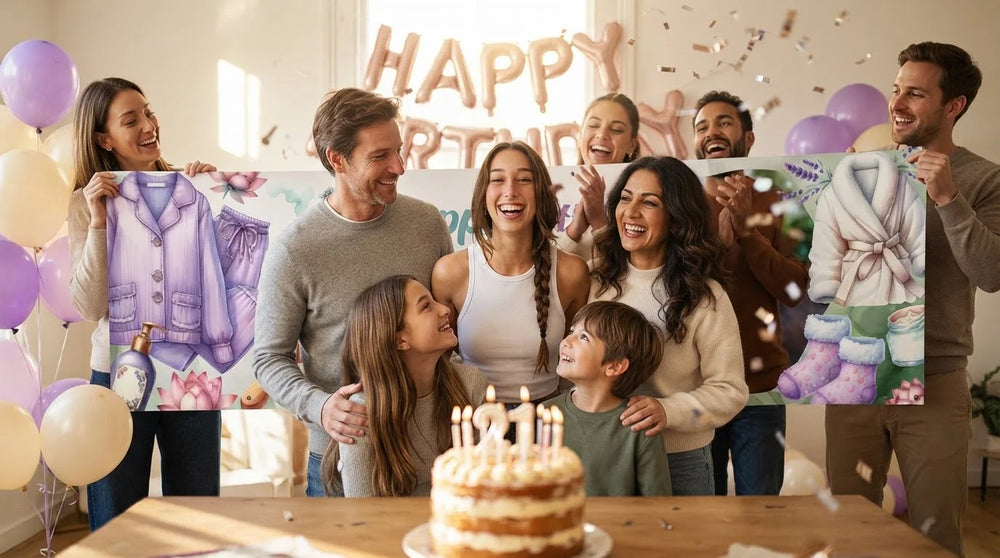 Friends and family celebrating with the personalised Spajama Party Birthday Party Banner