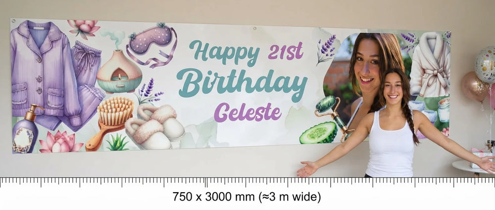Person standing beside the Spajama Party Birthday Party Banner for scale, with size guide showing 750 x 3000 mm