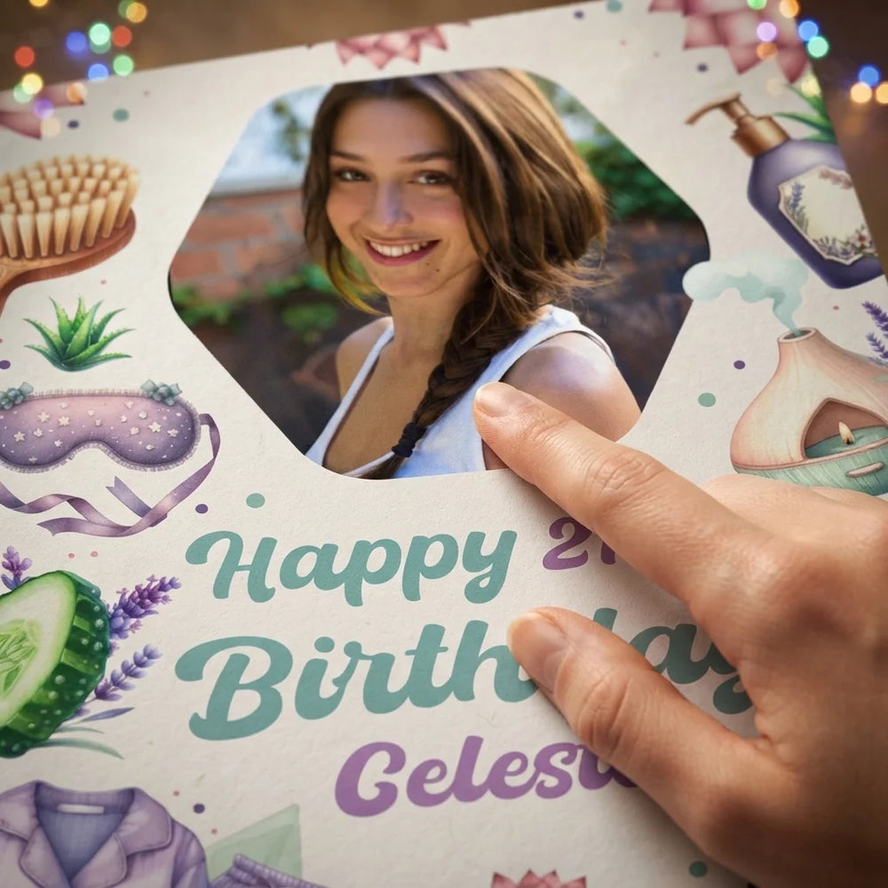 Close-up of the personalised name and photo printed on the Spajama Party Birthday Party Mega Card