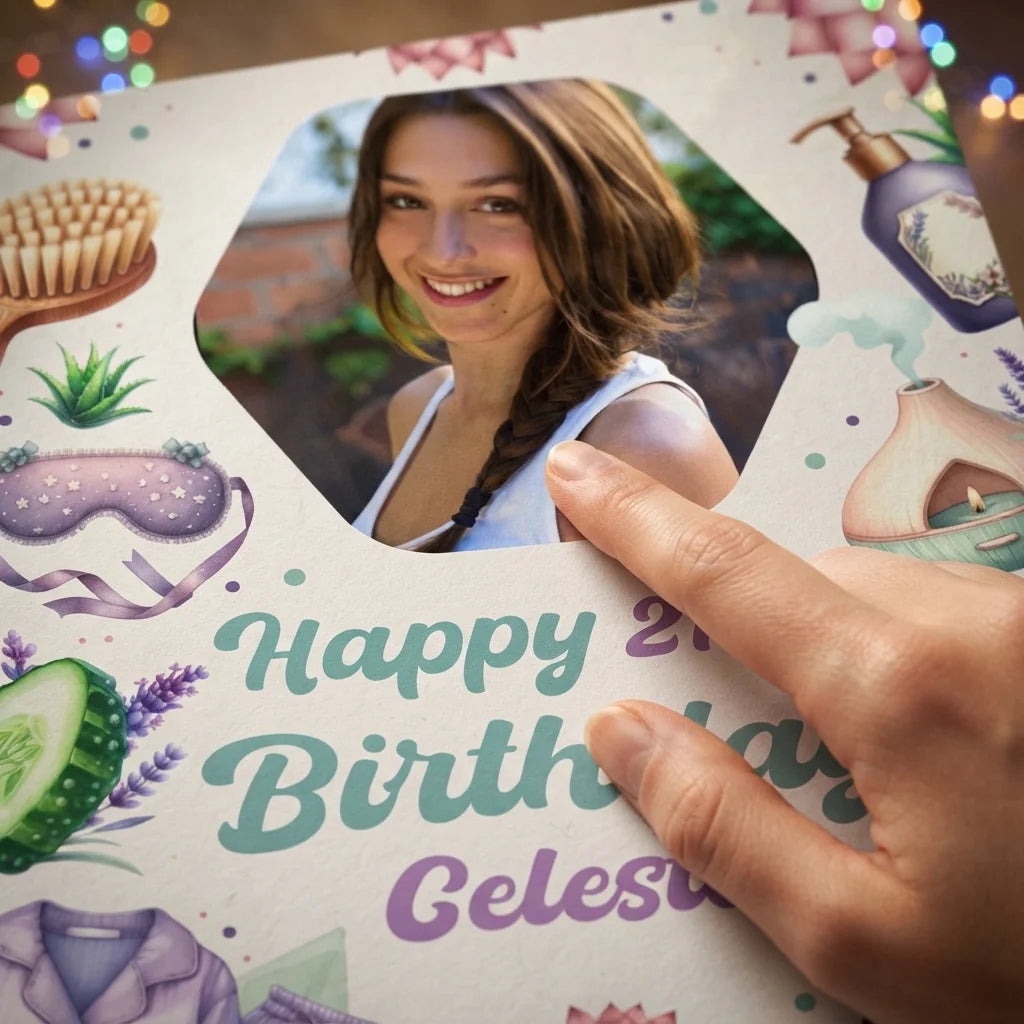 Close-up of the personalised name and photo printed on the Spajama Party Birthday Party Mega Card