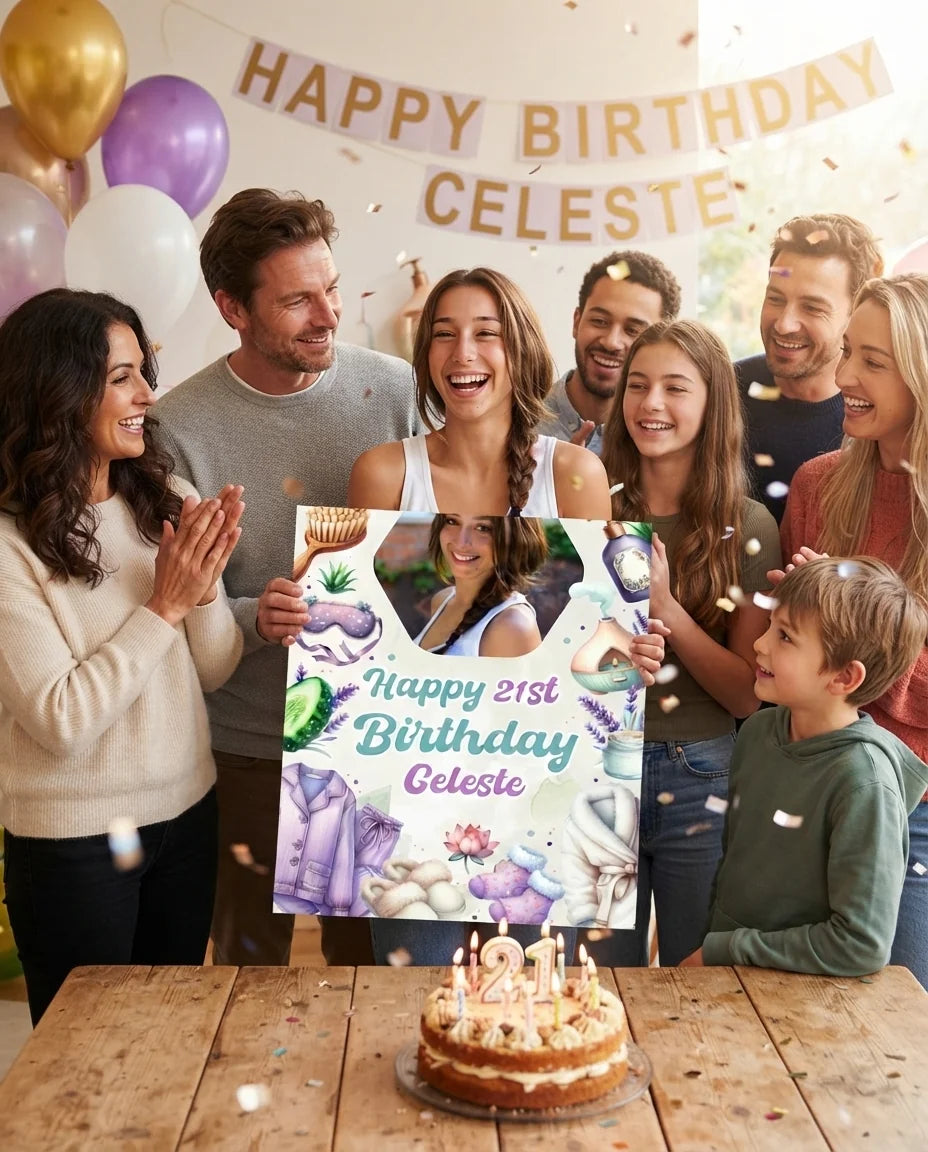 Friends and family celebrating with the personalised Spajama Party Birthday Party Mega Card