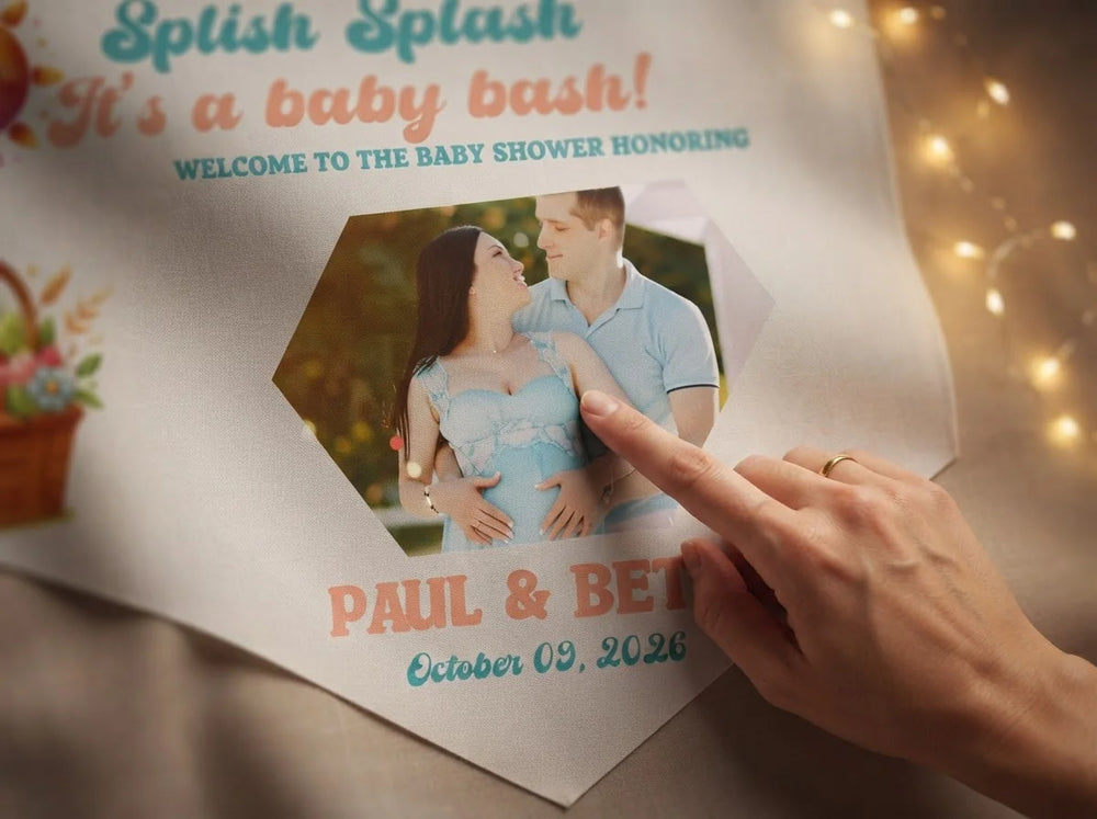 Close-up of the personalised name and photo printed on the Splish Splash It’s A Baby Bash Party Banner