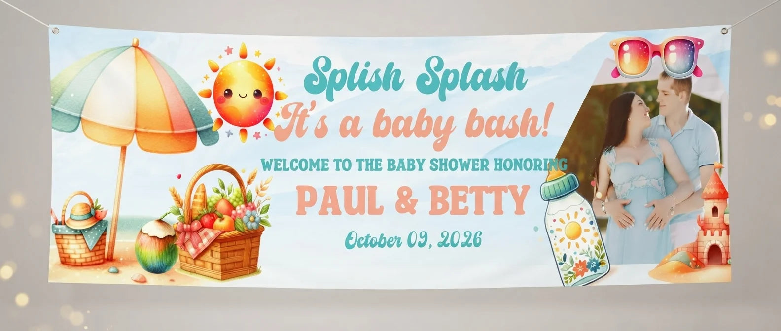 Personalised Splish Splash It’s A Baby Bash Party Banner displayed against a plain studio background