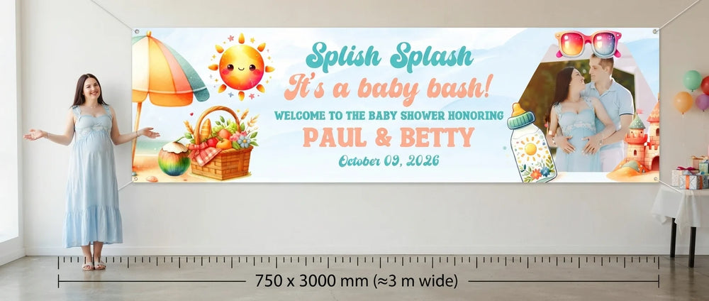 Person standing beside the Splish Splash It’s A Baby Bash Party Banner for scale, with size guide showing 750 x 3000 mm