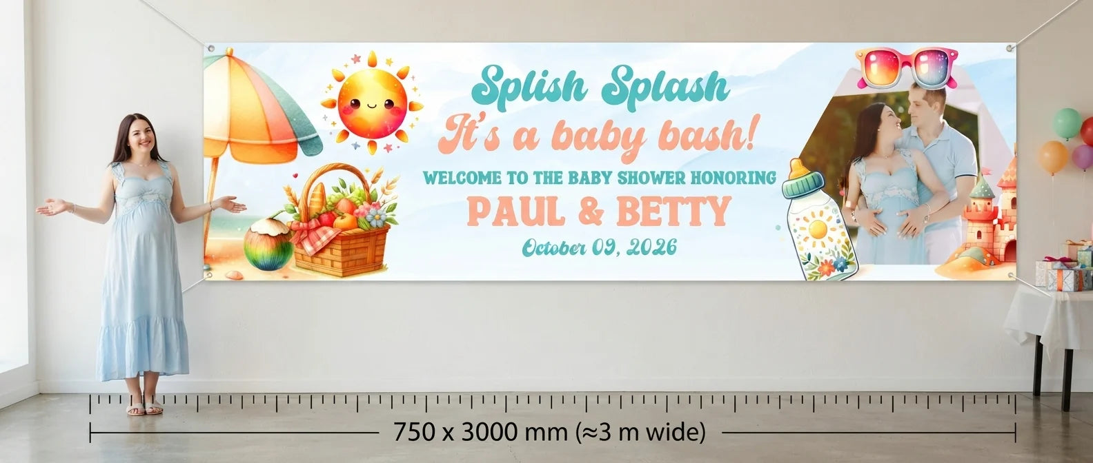 Person standing beside the Splish Splash It’s A Baby Bash Party Banner for scale, with size guide showing 750 x 3000 mm