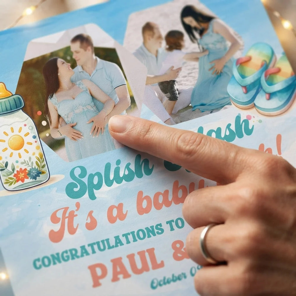 Close-up of the personalised name and photo printed on the Splish Splash It’s A Baby Bash Party Mega Card