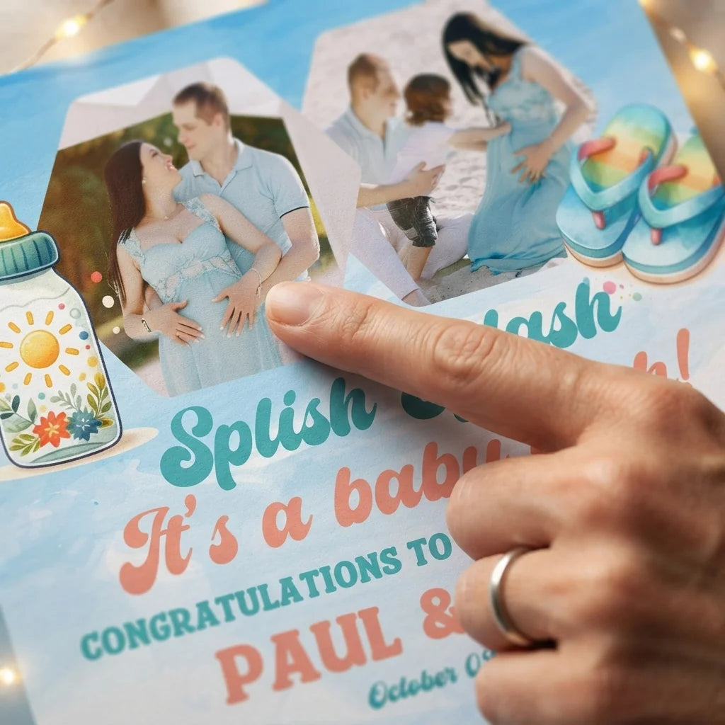 Close-up of the personalised name and photo printed on the Splish Splash It’s A Baby Bash Party Mega Card