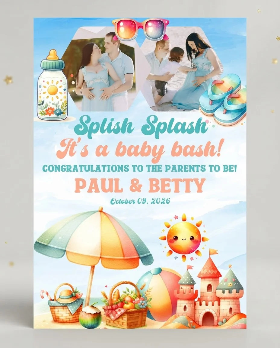 Personalised Splish Splash It’s A Baby Bash Party Mega Card displayed against a plain studio background