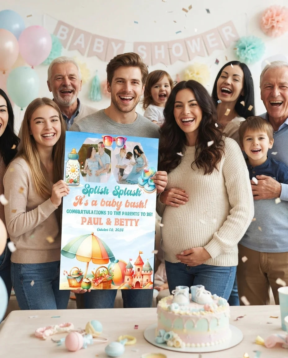 Friends and family celebrating with the personalised Splish Splash It’s A Baby Bash Party Mega Card
