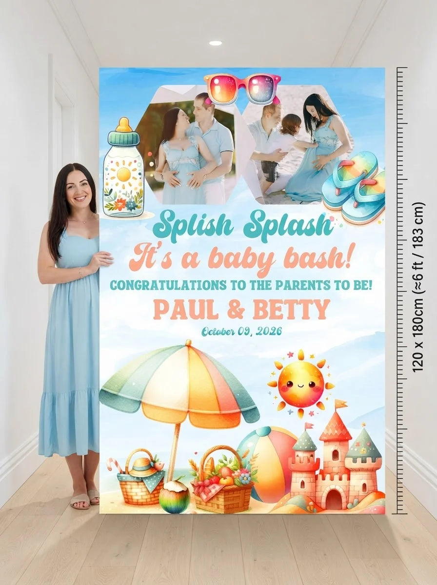 Person standing beside the Splish Splash It’s A Baby Bash Party Mega Card for scale in a size guide