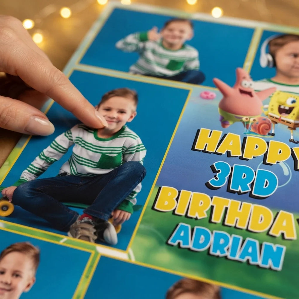 Close-up of the personalised name and photo printed on the Spongebob Mega Card
