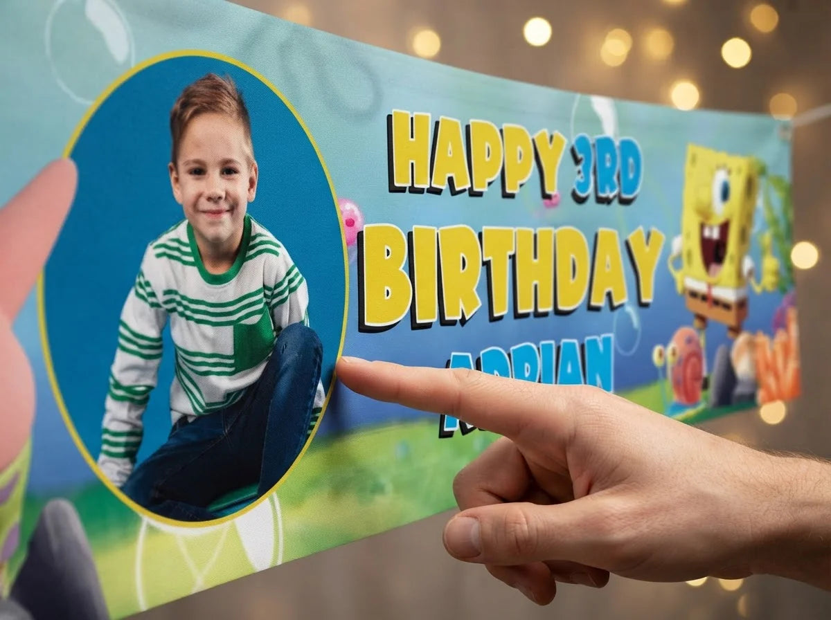 Close-up of the personalised name and photo printed on the Spongebob Squarepants Birthday Banner