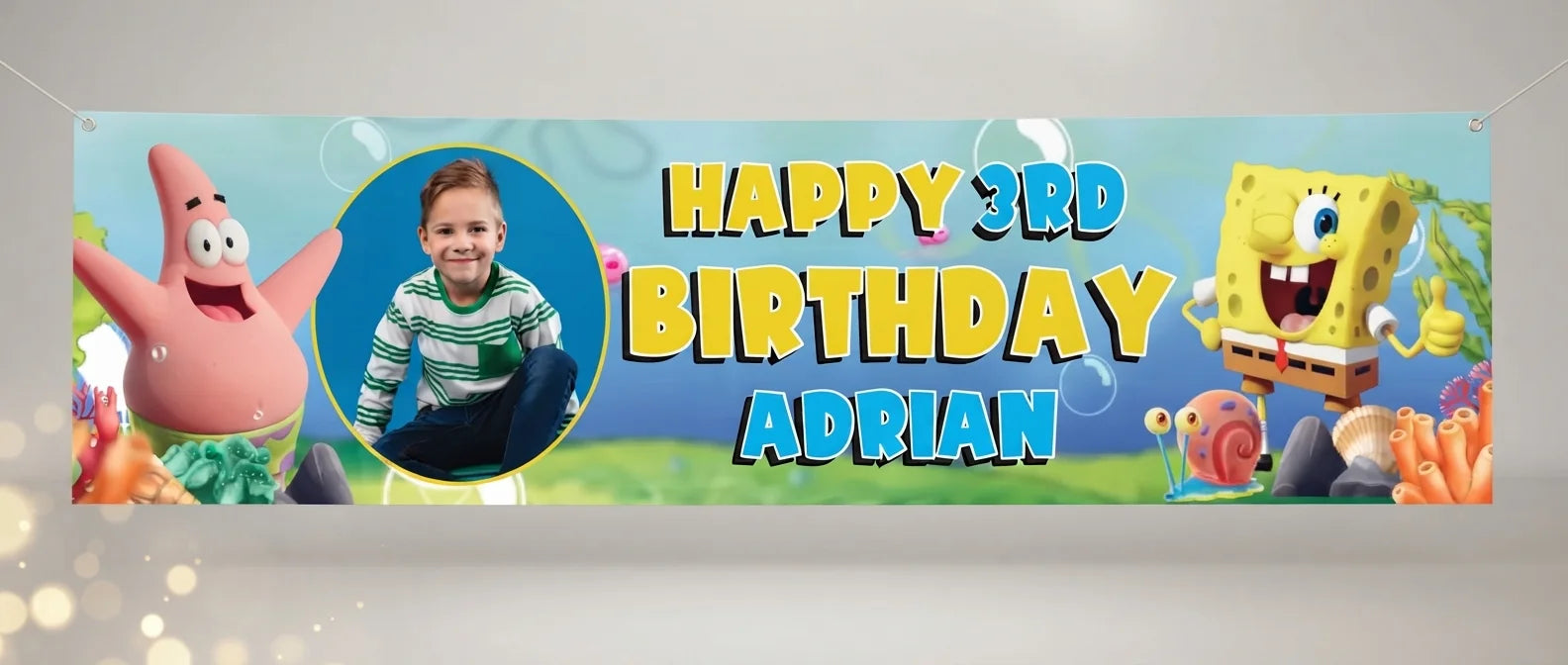 Personalised Spongebob Squarepants Birthday Banner displayed against a plain studio background