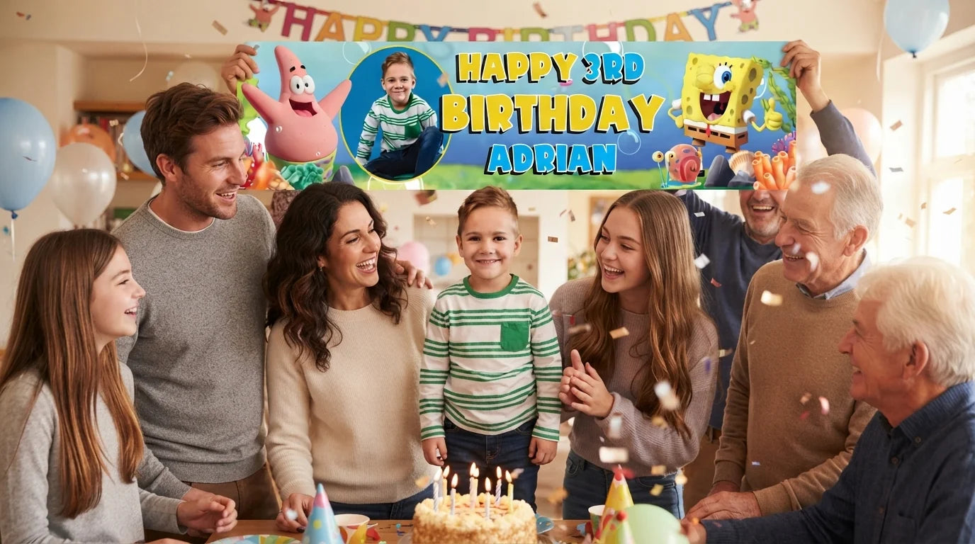 Friends and family celebrating with the personalised Spongebob Squarepants Birthday Banner