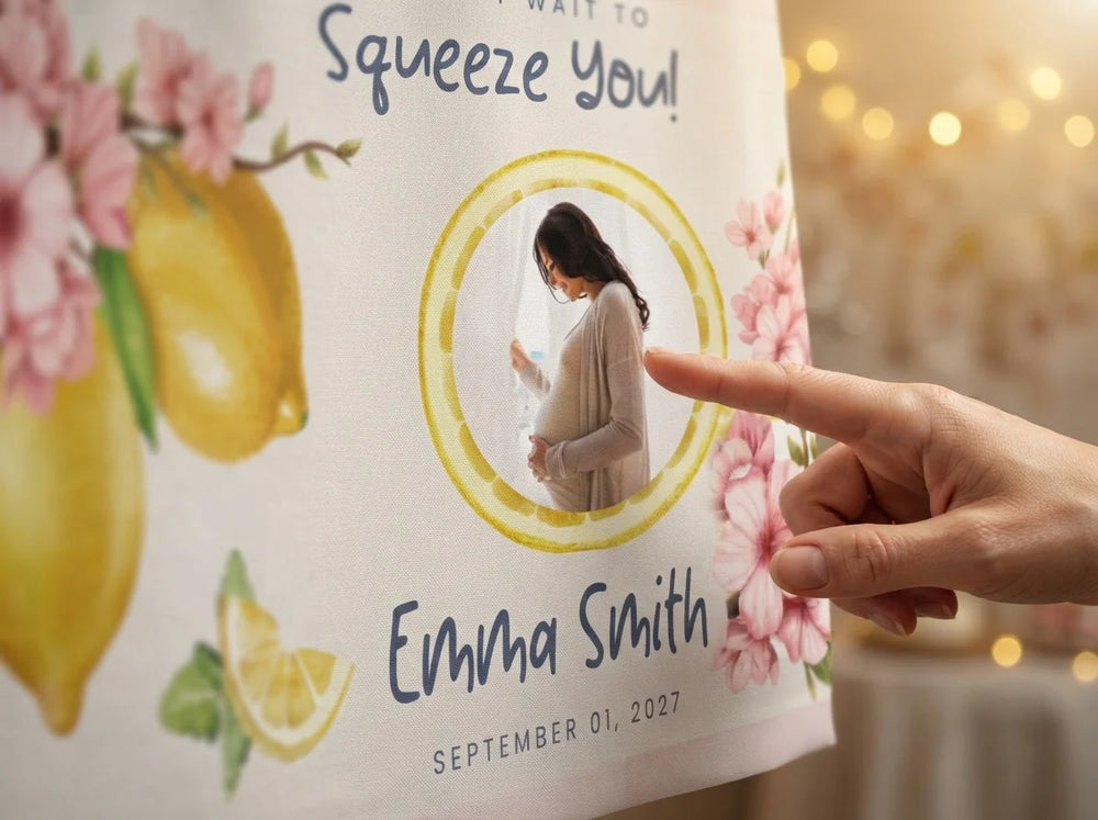 Close-up of the personalised name and photo printed on the Squeeze You Baby Shower Party Banner