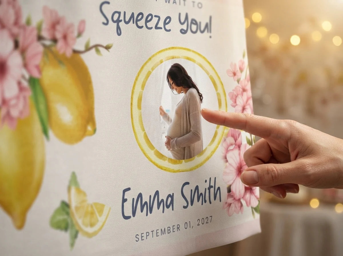 Close-up of the personalised name and photo printed on the Squeeze You Baby Shower Party Banner