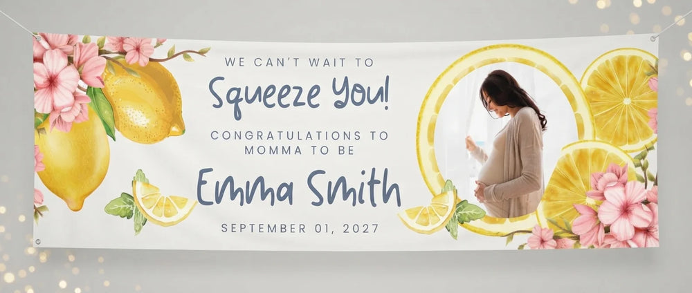 Personalised Squeeze You Baby Shower Party Banner displayed against a plain studio background
