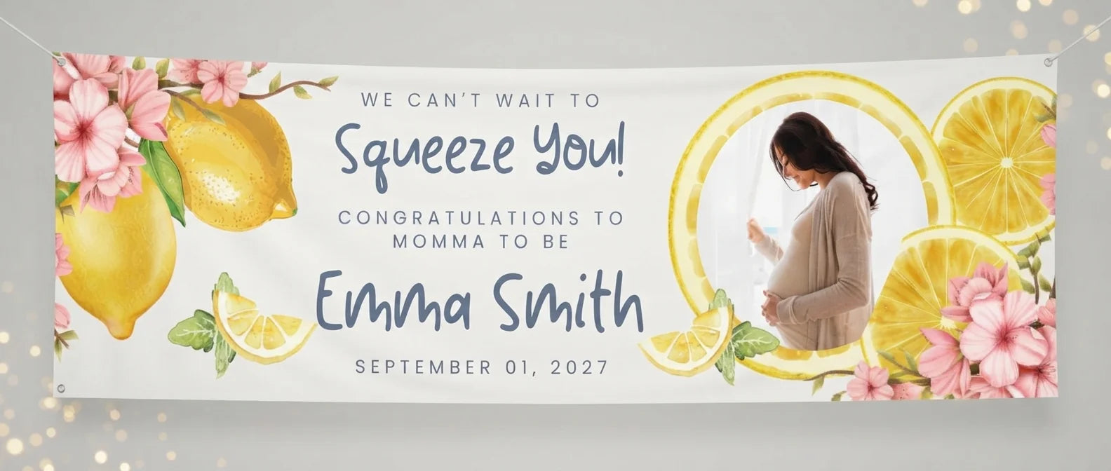 Personalised Squeeze You Baby Shower Party Banner displayed against a plain studio background