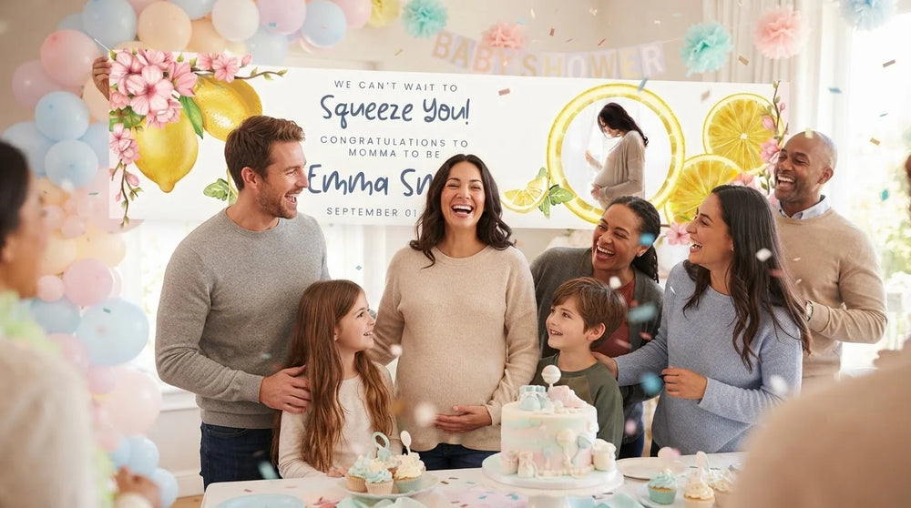 Friends and family celebrating with the personalised Squeeze You Baby Shower Party Banner