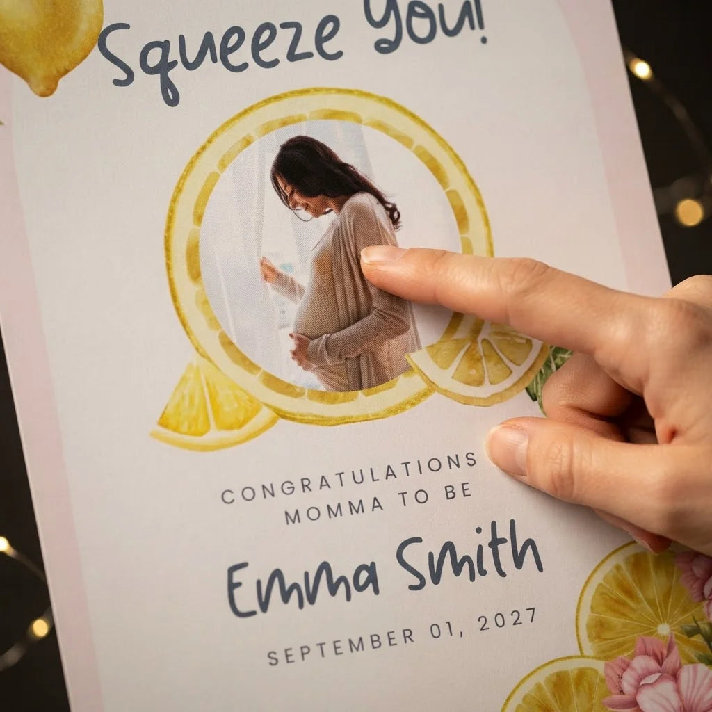 Close-up of the personalised name and photo printed on the Squeeze You Baby Shower Party Mega Card