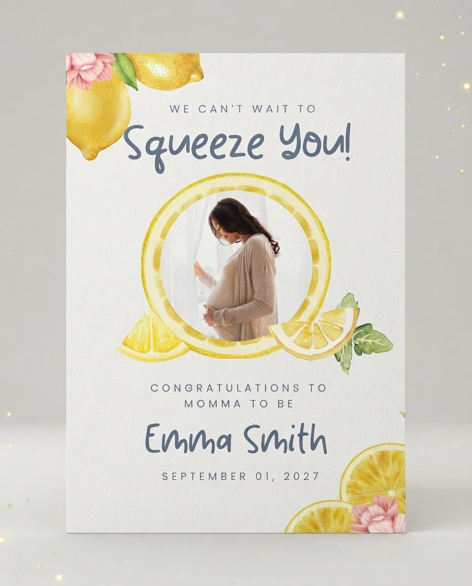 Personalised Squeeze You Baby Shower Party Mega Card displayed against a plain studio background