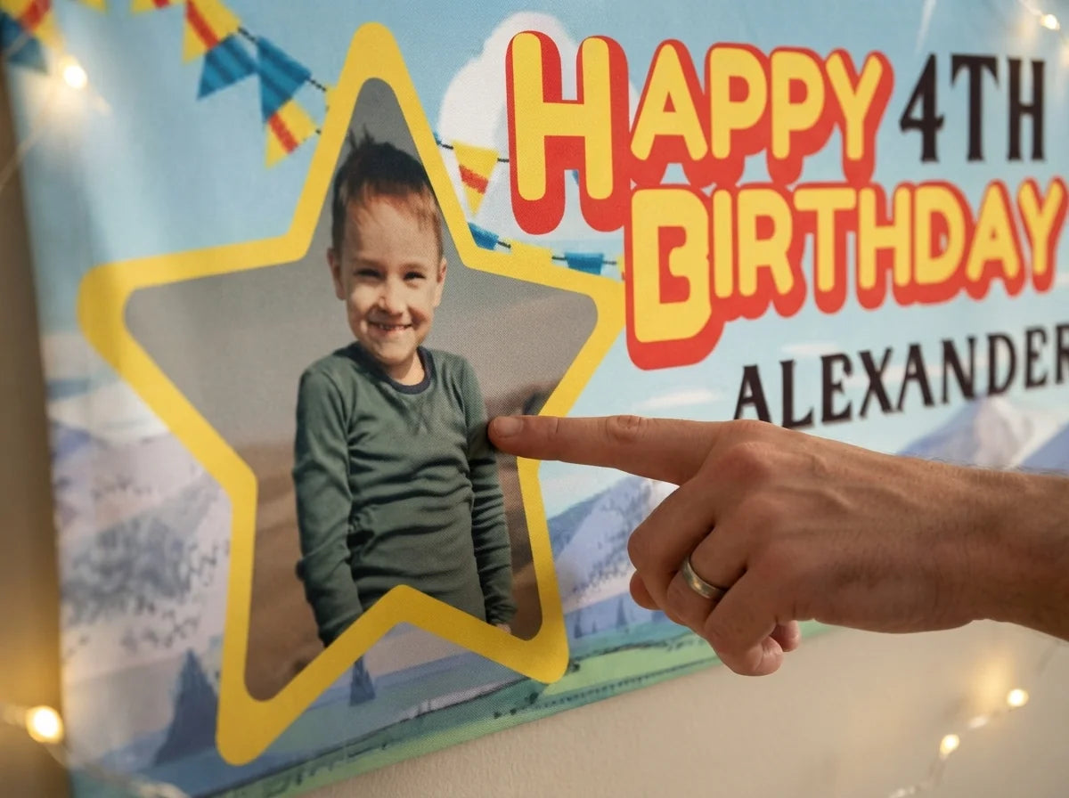 Close-up of the personalised name and photo printed on the Steven Universe Birthday Banner
