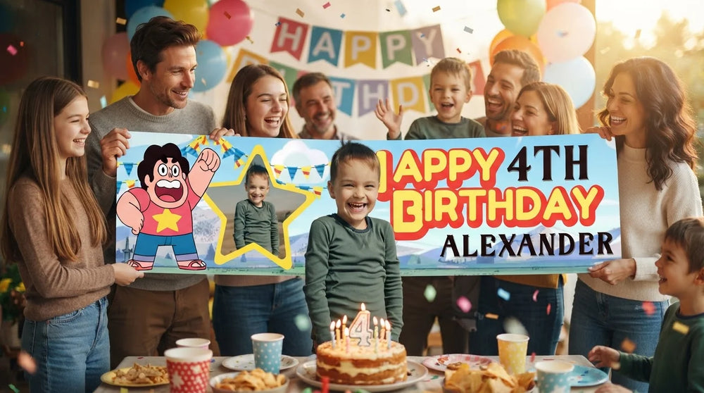 Friends and family celebrating with the personalised Steven Universe Birthday Banner