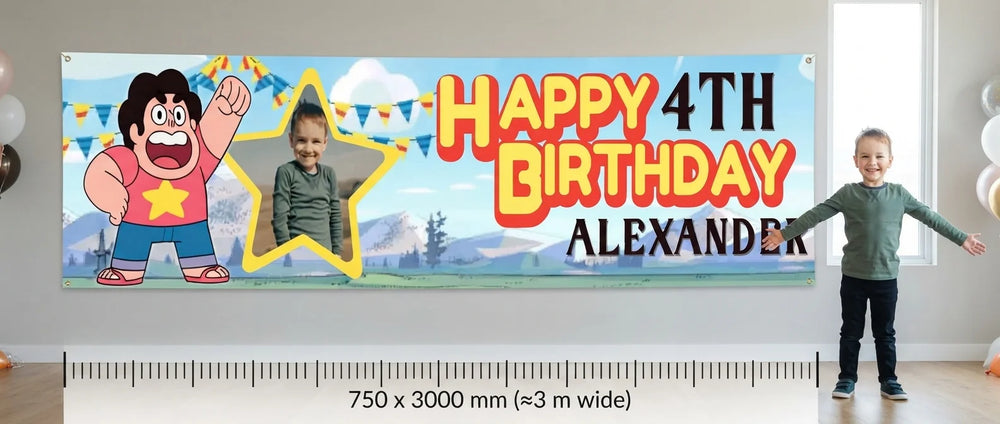 Person standing beside the Steven Universe Birthday Banner for scale, with size guide showing 750 x 3000 mm