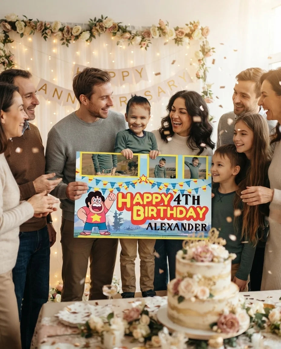 Friends and family celebrating with the personalised Steven Universe Mega Card