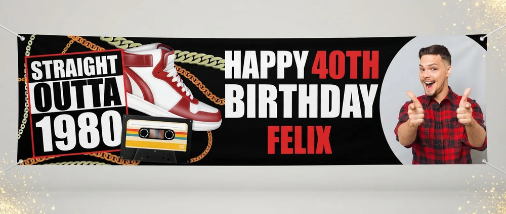 Personalised Straight Outta 1980 Birthday Party Banner displayed against a plain studio background