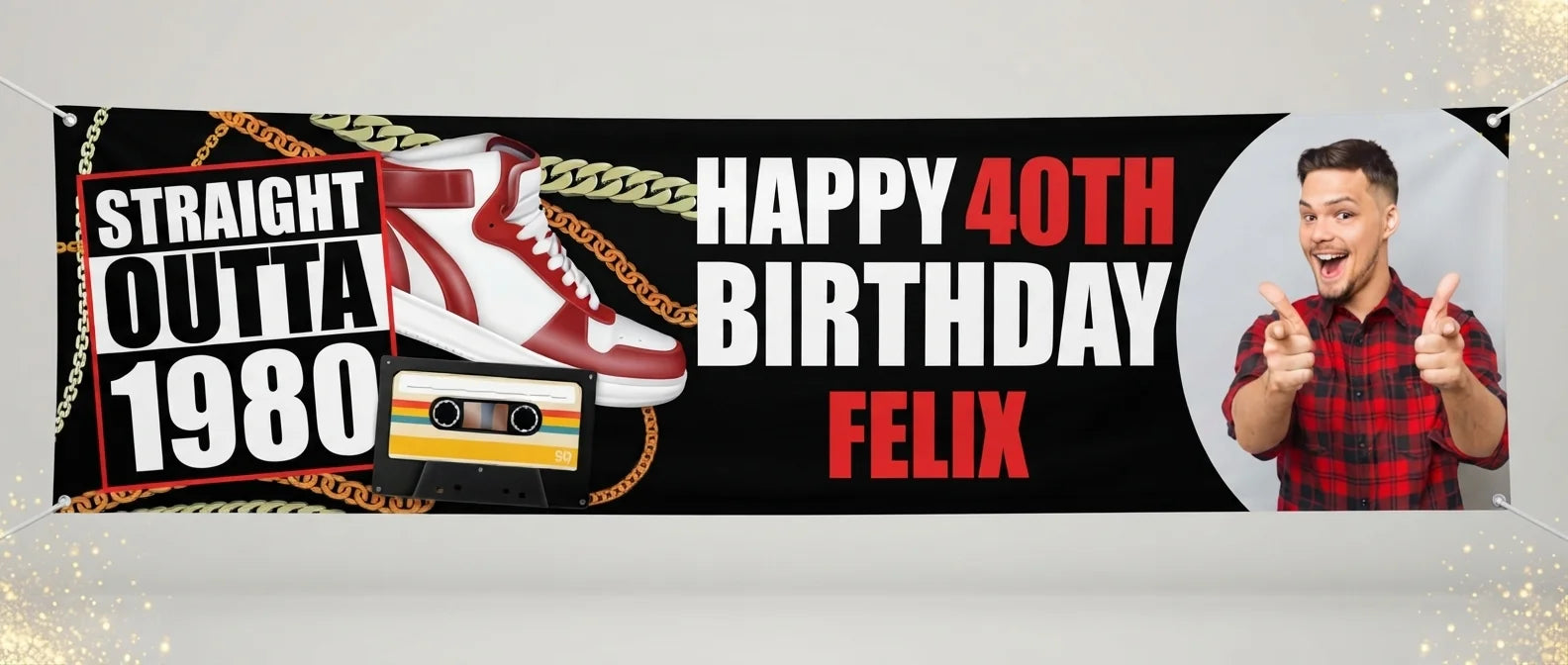 Personalised Straight Outta 1980 Birthday Party Banner displayed against a plain studio background