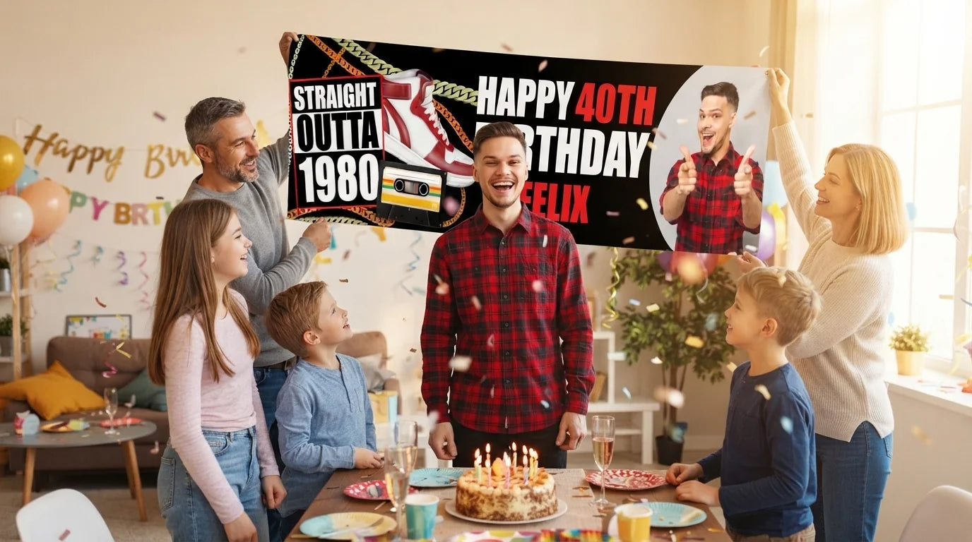 Friends and family celebrating with the personalised Straight Outta 1980 Birthday Party Banner