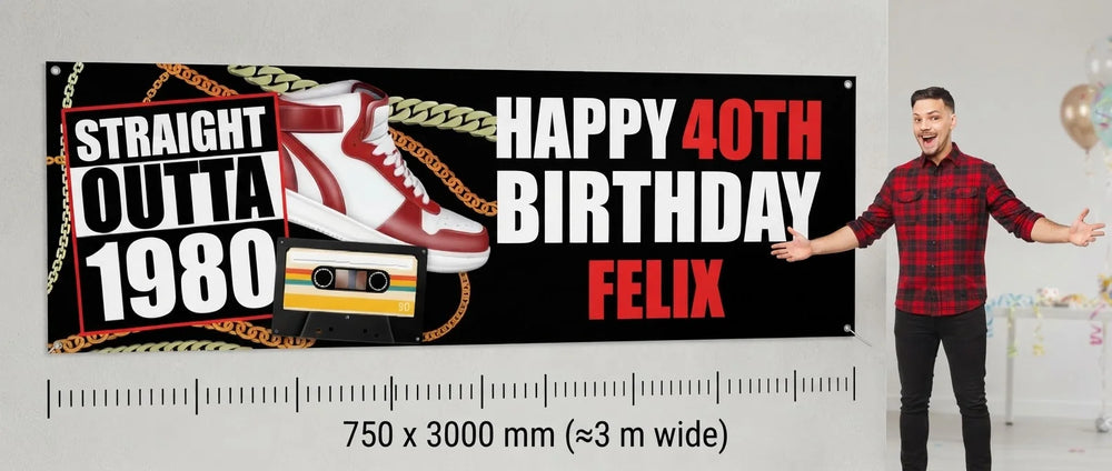 Person standing beside the Straight Outta 1980 Birthday Party Banner for scale, with size guide showing 750 x 3000 mm