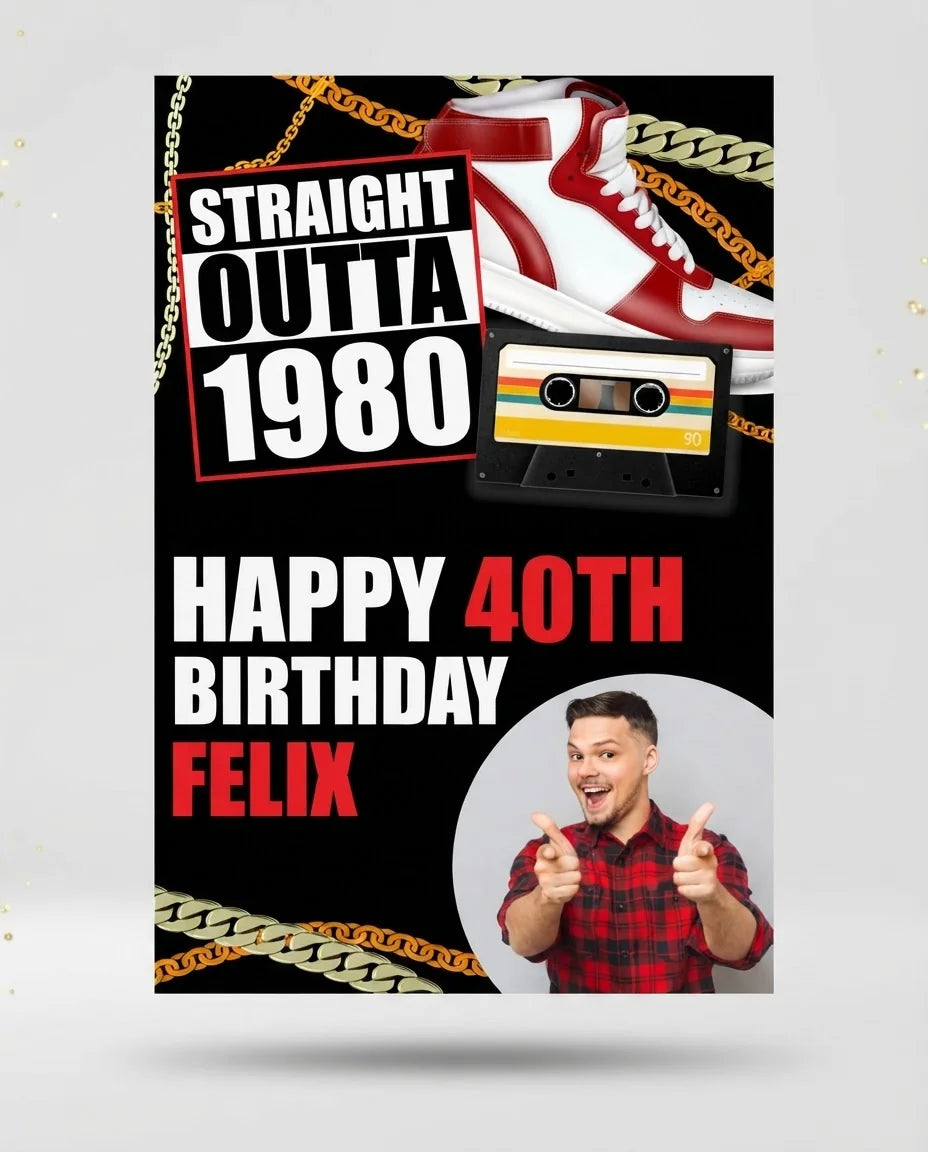 Personalised Straight Outta 1980 Birthday Party Mega Card displayed against a plain studio background