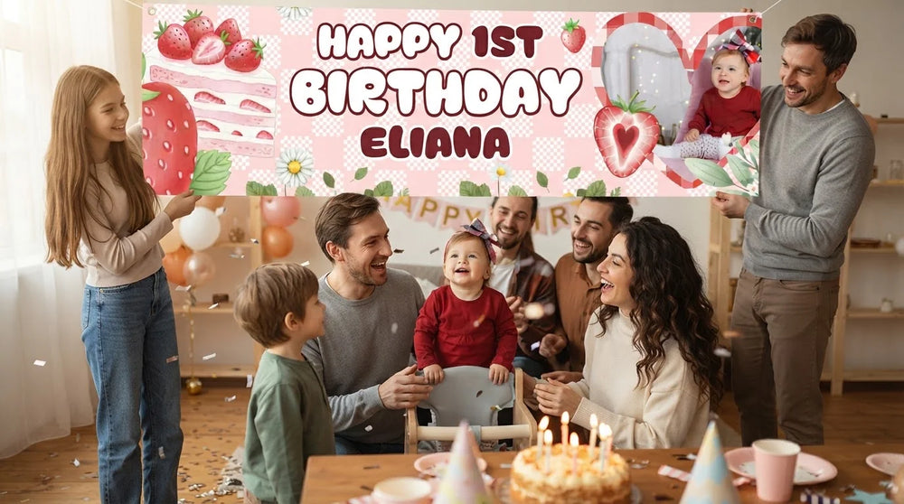 Friends and family celebrating with the personalised Strawberry Birthday Banner