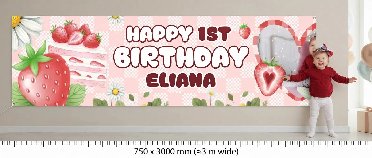 Person standing beside the Strawberry Birthday Banner for scale, with size guide showing 750 x 3000 mm